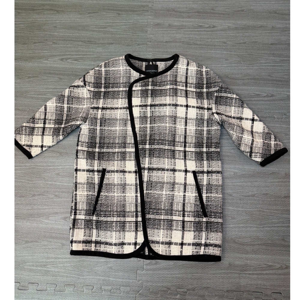 Cynthia Rowley Womens Black White Plaid Tweed Open Front Coat Small Wool Blend